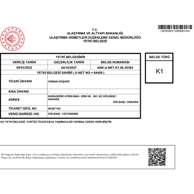 2014 Model K1 Belgesi